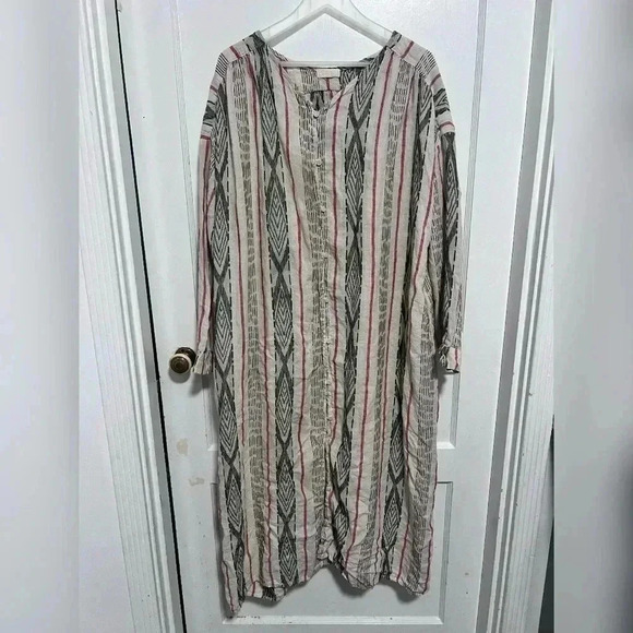 CP Shades Alexis Dobby Striped Long Sleeve Kaftan Dress 100% Linen Size M - Picture 1 of 5